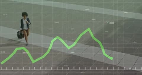 Businesswoman Using Phone in Urban Setting with Digital Interface Overlay