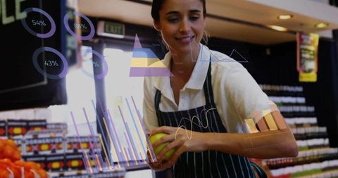 Grocery clerk inspecting apple with augmented analytics overlays showing produce insights