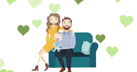 Happy family sitting together with baby in living room