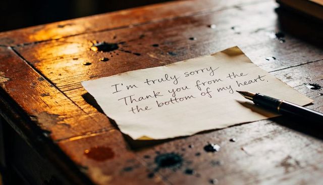 Handwritten apology note resting on rustic wood desk with fountain pen and inkblots