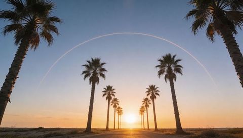 Leading palm tree avenue toward glowing sunset with pastel sky arc and beach horizon