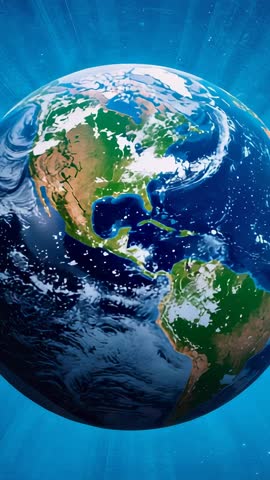 Rotating Digital Earth Vertical Video Zooming Toward West Americas with Clouds and Oceans