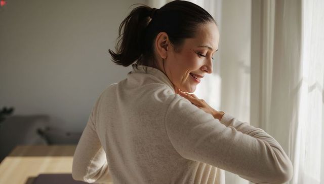 Smiling middle-aged woman rubbing shoulder by sunlit window showing calm self-care