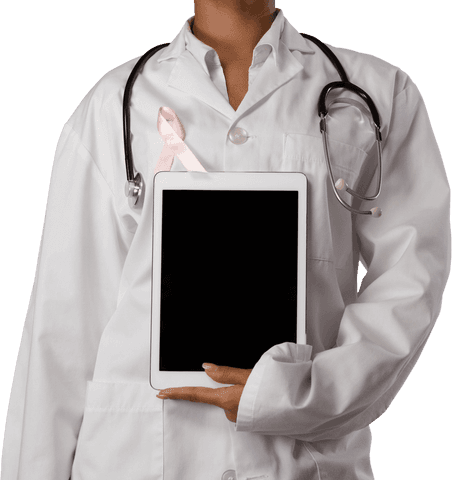 Transparent Nurse Holding Digital Tablet with Pink Ribbon