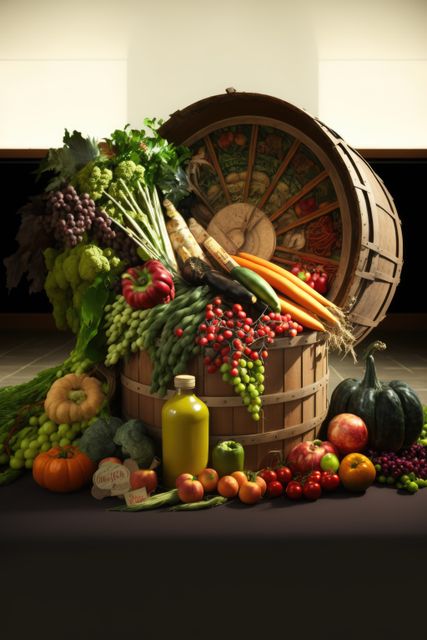 Empty room with basket of vegetables and fruit on floor, using generative ai technology. Food, shopping and healthy concept digitally generated image.