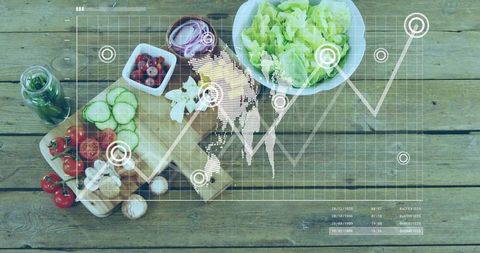 Preparing salad with digital data overlay on rustic wooden table for nutrition analytics