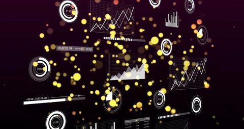 Futuristic hud dashboard with graphs, circular timers and floating neon particles