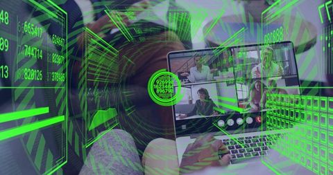 Remote team collaborating on laptop with neon holographic data overlays and cybersecurity