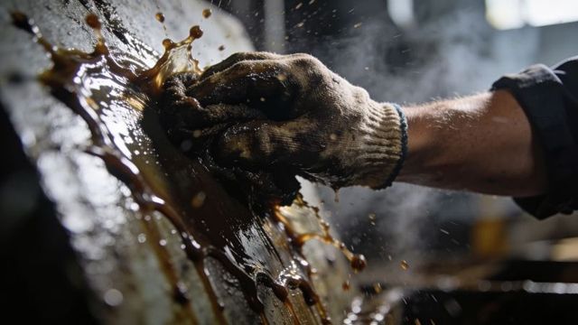 Gloved hand scrubbing greasy metal plate with oil splash in industrial workshop