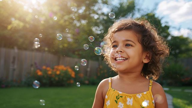 Sunlit toddler smiling while chasing iridescent bubbles in vibrant backyard garden