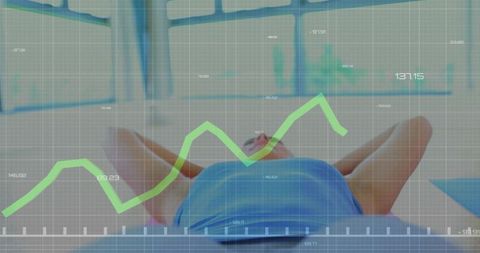 Workout data visualization overlaying woman lying on mat in bright gym showing fitness progress