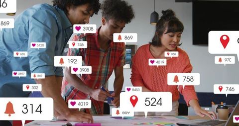 Multicultural team planning digital marketing campaign with social engagement overlays