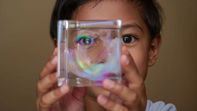 Child exploring iridescent prism cube, eye magnifying through acrylic refraction