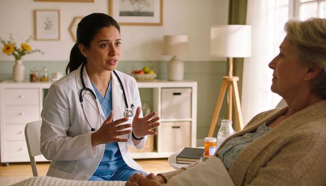 Female doctor explaining care during home visit to senior, compassionate in-home consultation