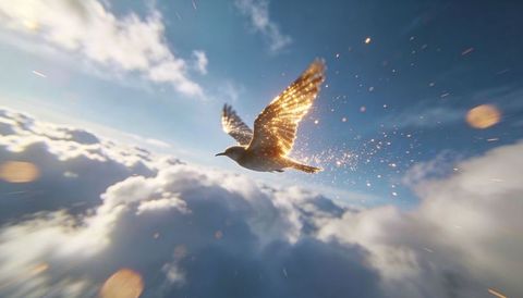 Golden-sparked gull soaring above clouds with sun flares and glittering wing trail