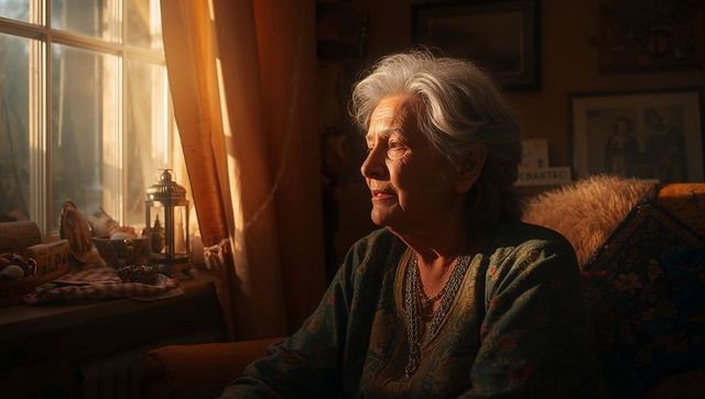 Senior Woman Gazing Through Window in Cozy Living Room