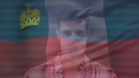 Man in Face Mask with Liechtenstein Flag Overlay Signifying Health and Patriotism