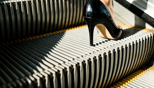 Stiletto heel stepping on escalator tread with yellow comb lines and industrial contrast