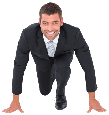 Smiling businessman in starting position on transparent background