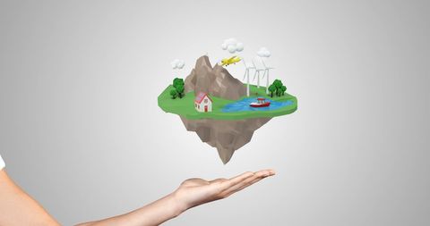 Hand Holding Floating Island with Energy Sources