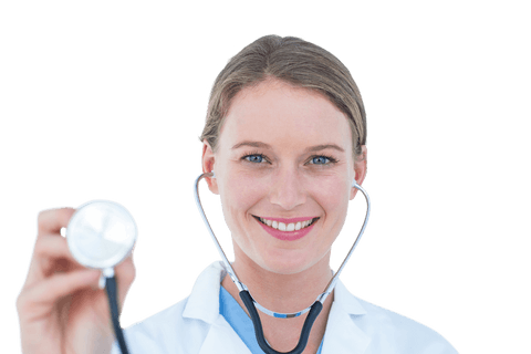 Transparent smiling female doctor holding stethoscope confidently