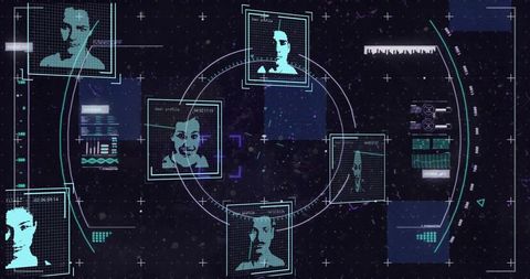 Futuristic HUD projecting biometric faces, neon data rings and surveillance panel above starfield