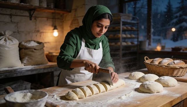 Middle eastern baker cutting dough with scraper in rustic winter bakehouse