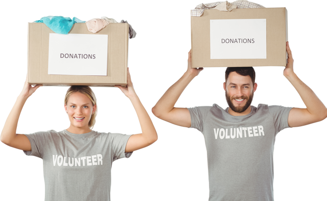 Smiling Volunteers Holding Donation Boxes on Head Transparent Background - Download Free Stock Videos Pikwizard.com