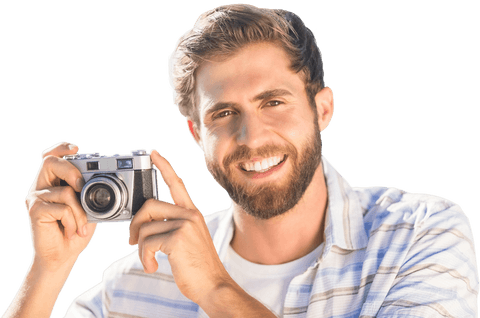Smiling Caucasian Man Holding Camera on Transparent Background - Download Free Stock Videos Pikwizard.com