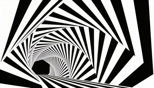 Spiraling pentagonal tunnel with black and white stripes creating optical illusion depth
