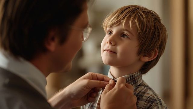 Warm fatherly moment fixing son's shirt collar