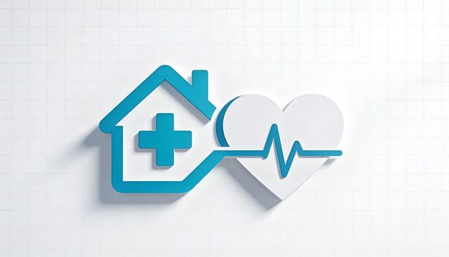3d home healthcare icon with heartbeat ecg and medical cross for telehealth branding