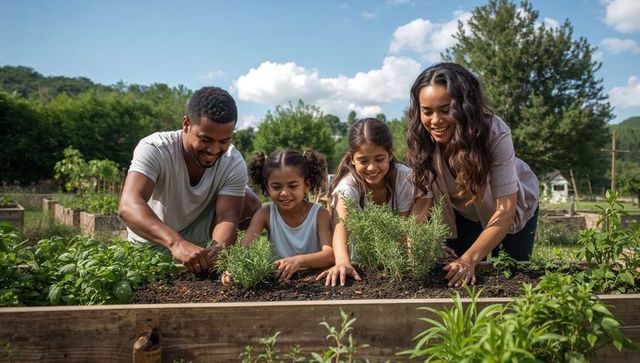 Family Planting Herb Seedlings in Raised Garden Bed, Parents Teaching Kids Gardening Together