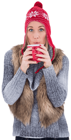 Woman enjoying hot beverage wearing winter clothes transparent background