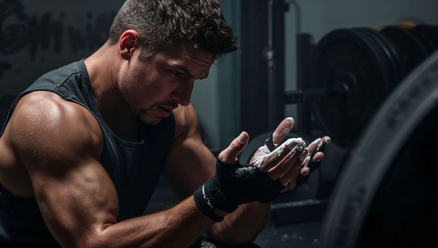Focused muscular man chalking hands before heavy barbell lift in gym wearing wrist wraps
