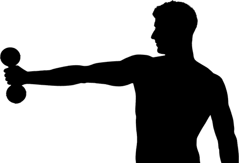 Transparent silhouette man lifting dumbbell icon