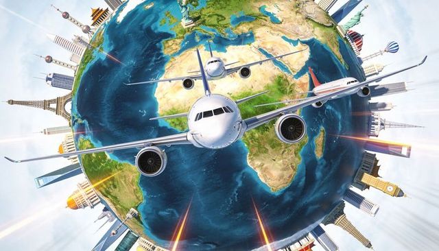 Commercial jets flying around globe with iconic landmarks ring and fast travel concept