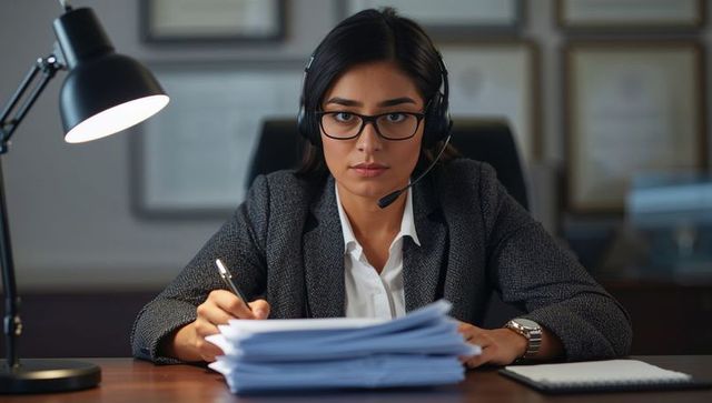 Focused female executive reviewing paperwork at desk wearing headset and glasses