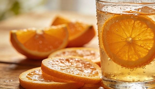 Bubbling orange slice infusing sparkling water on rustic wooden countertop with sunlit glow