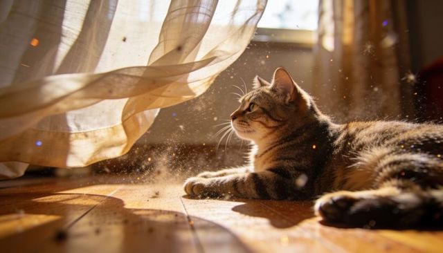 Tabby cat basking in warm sunlight with sheer curtain and floating dust motes