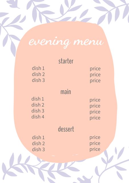 Elegant menu template features a pastel-colored background with floral accents, perfect for weddings or fine dining occasions. Contains placeholders for starters, mains, desserts and prices, easily customizable. Ideal for event planners, restaurants, and special occasions.