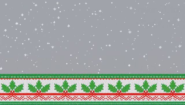 Knitted christmas holly border featuring falling snow on gray background