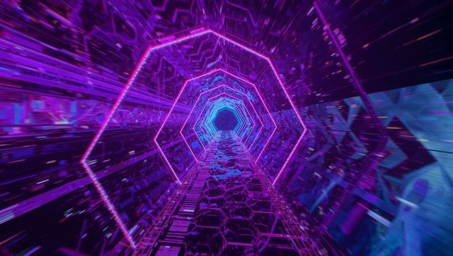 Futuristic neon digital corridor with hexagonal frames