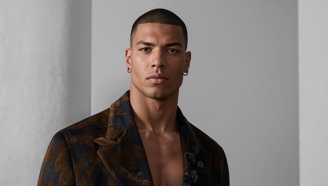 Fashion forward male model with statement coat and earrings