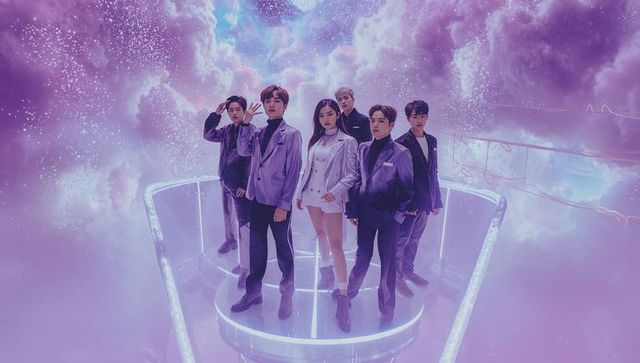 Futuristic Band Posing on Glowing Stage with Purple Aura