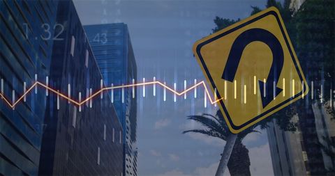 Financial Data Overlay on City Street U-Turn Sign
