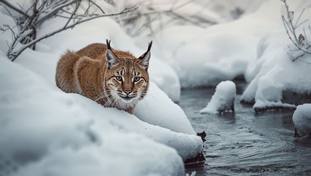 Eurasian lynx resting on snowy bank beside frozen stream
