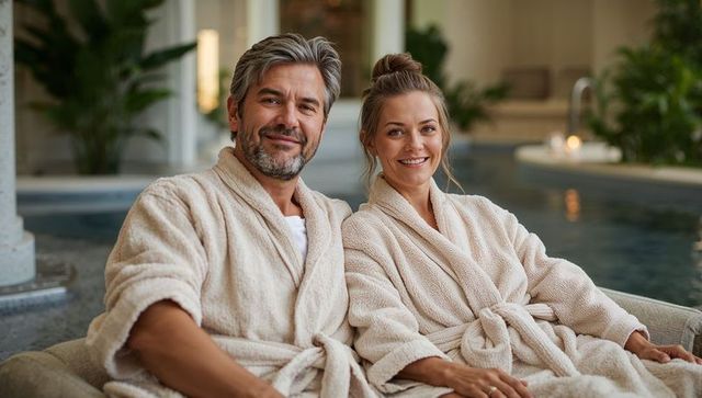 Mature Couple Relaxing in Matching Cream Bathrobes Beside Indoor Spa Pool