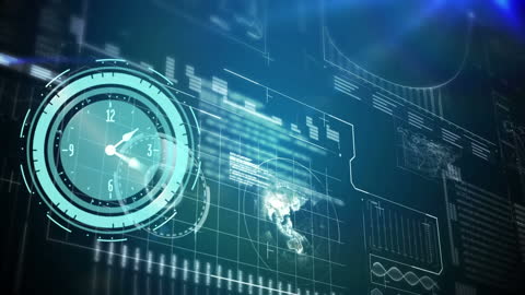 Futuristic Digital Clock Overlay on Data Interface
