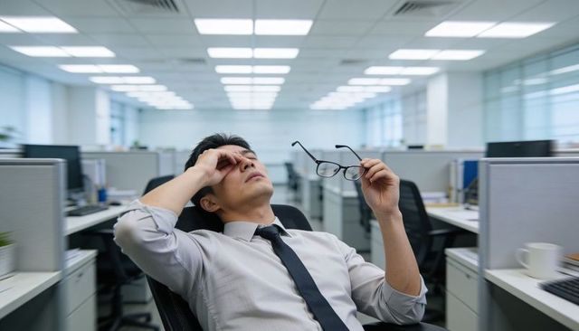 Stressed office worker rubbing eyes while holding glasses in modern open-plan workspace